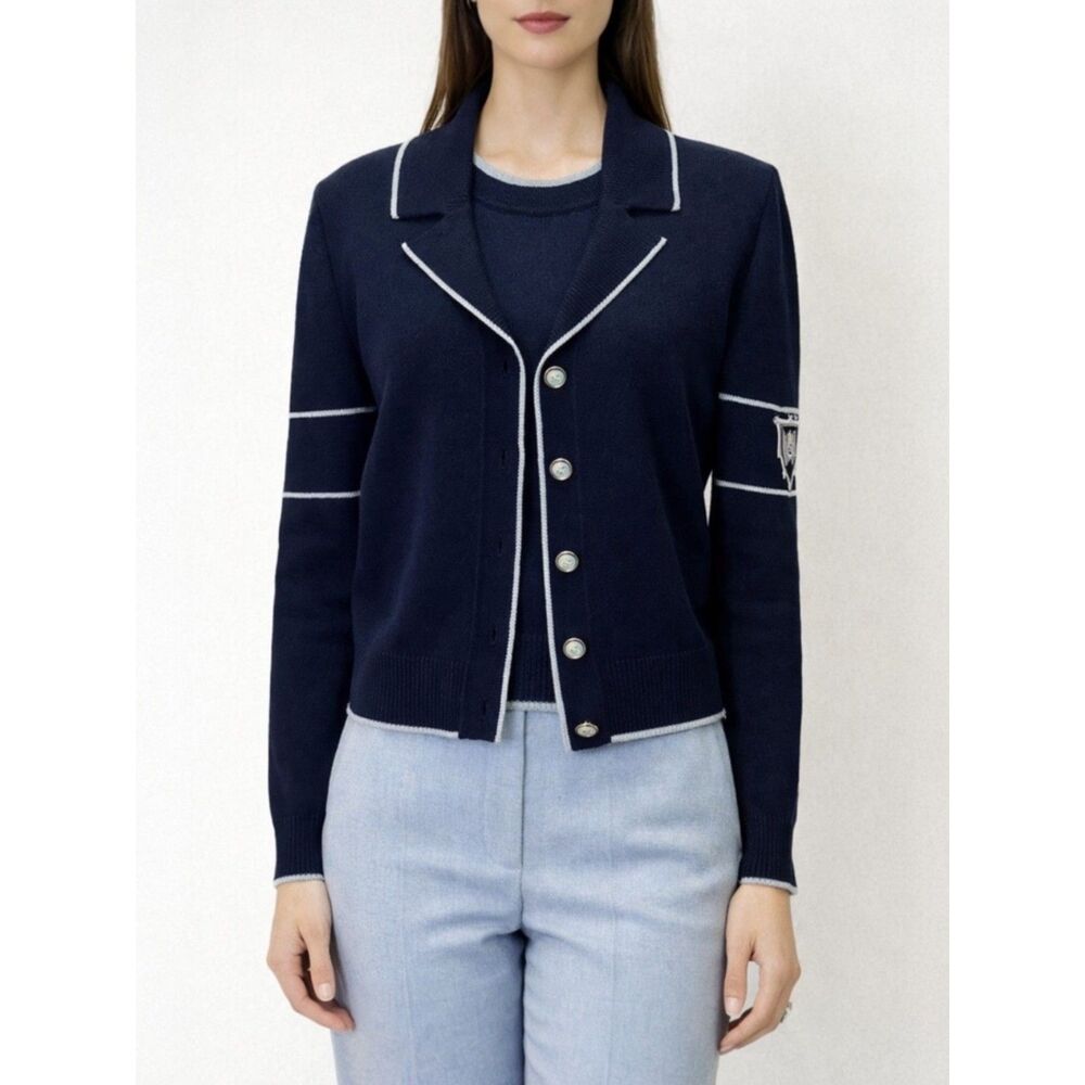 St. John Sport Santana Knit Cardigan Sweater Set Navy Blue Wool Twinset Size S/M